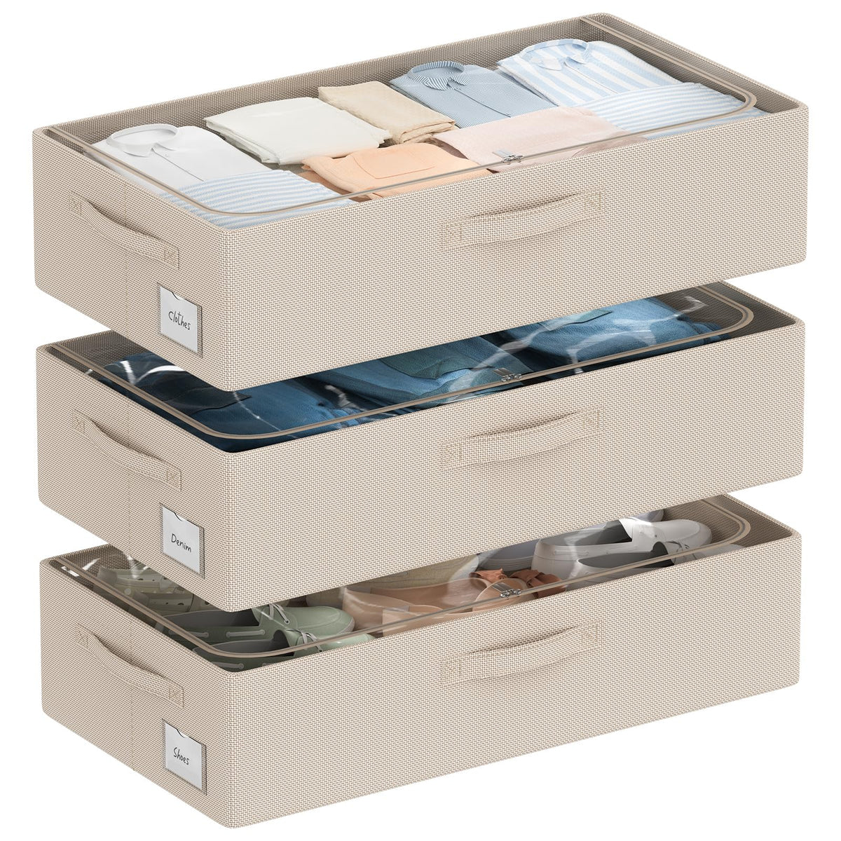 CYhom 3Pcs Under Bed Storage Bins with Metal Frame - Shoe Organizer for Closet with Clear Cover Oxford Fabric Sturdy Underbed Container Foldable Stackable Clothes Organizer (Beige, 23.5x11.8x6.3)