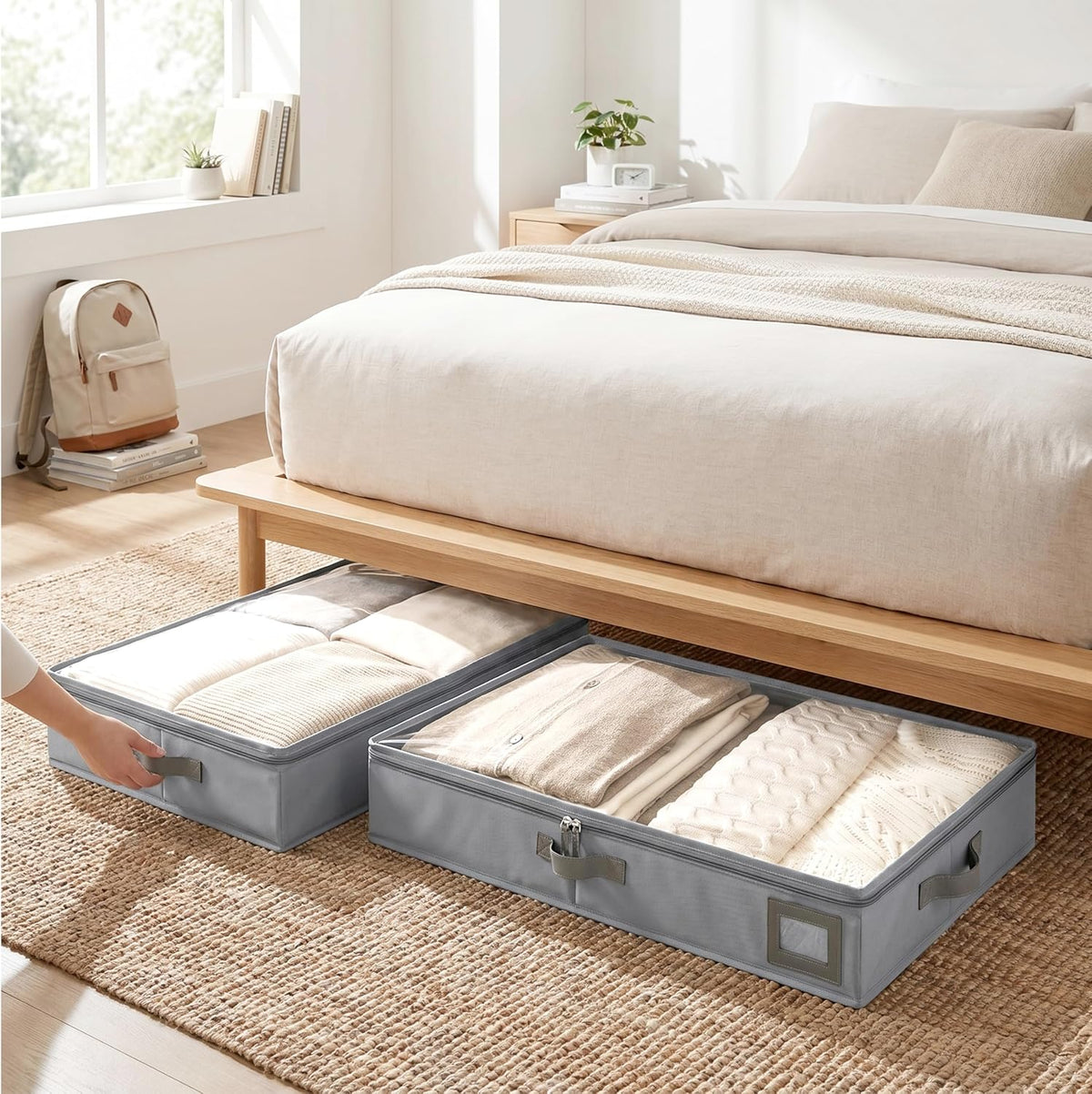 6" Versatile Under Bed Storage Bins (2-Pack, Charcoal Grey), Sturdy 600D Oxford Fabric Clothes Organizer Containers with Matching Vegan Leather Handles for Sweaters, Linens & Bedding