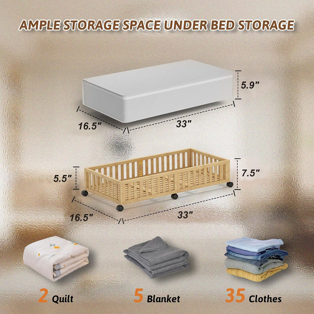 2 Pack Large Bamboo Under Bed Storage Containers with Wheels, Nature