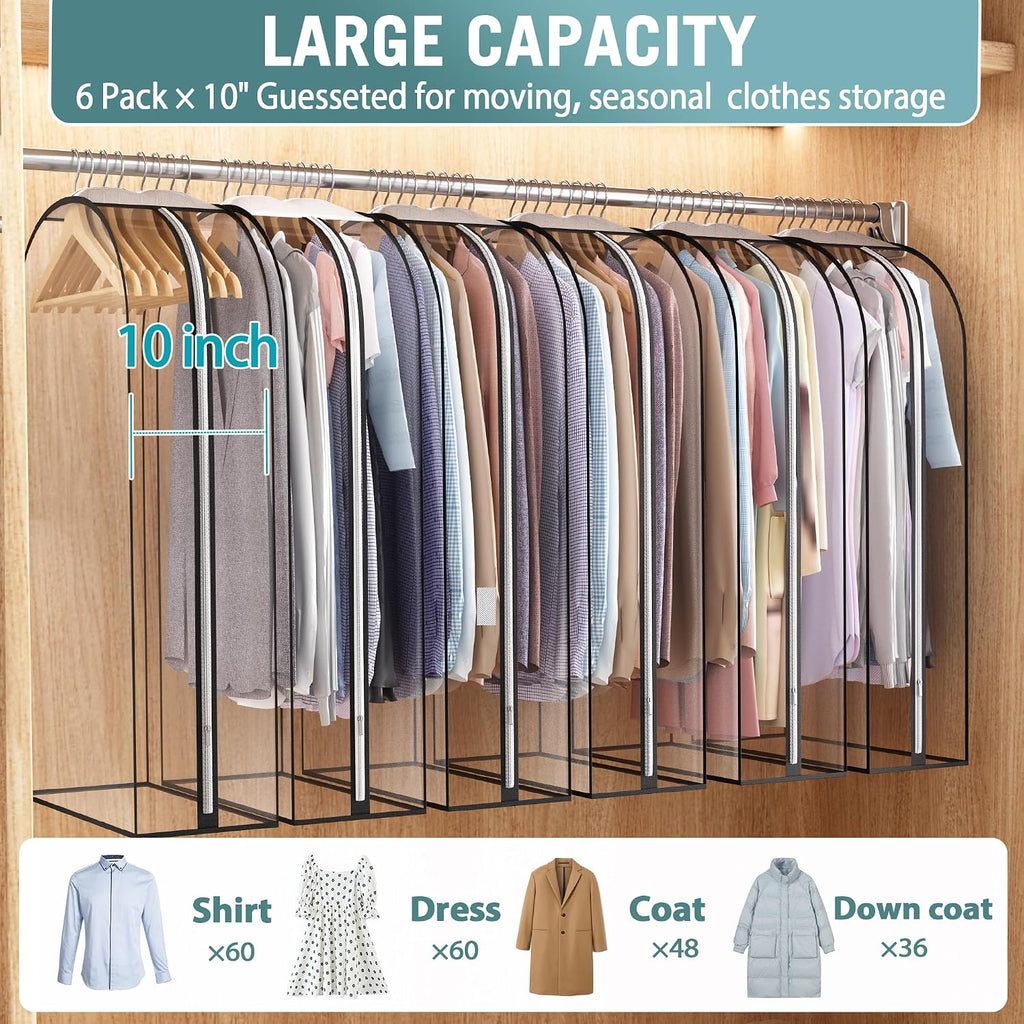 Liuoud Clear Garment Bags for Hanging Clothes 10” Gusseted, 6 Pack, 40”