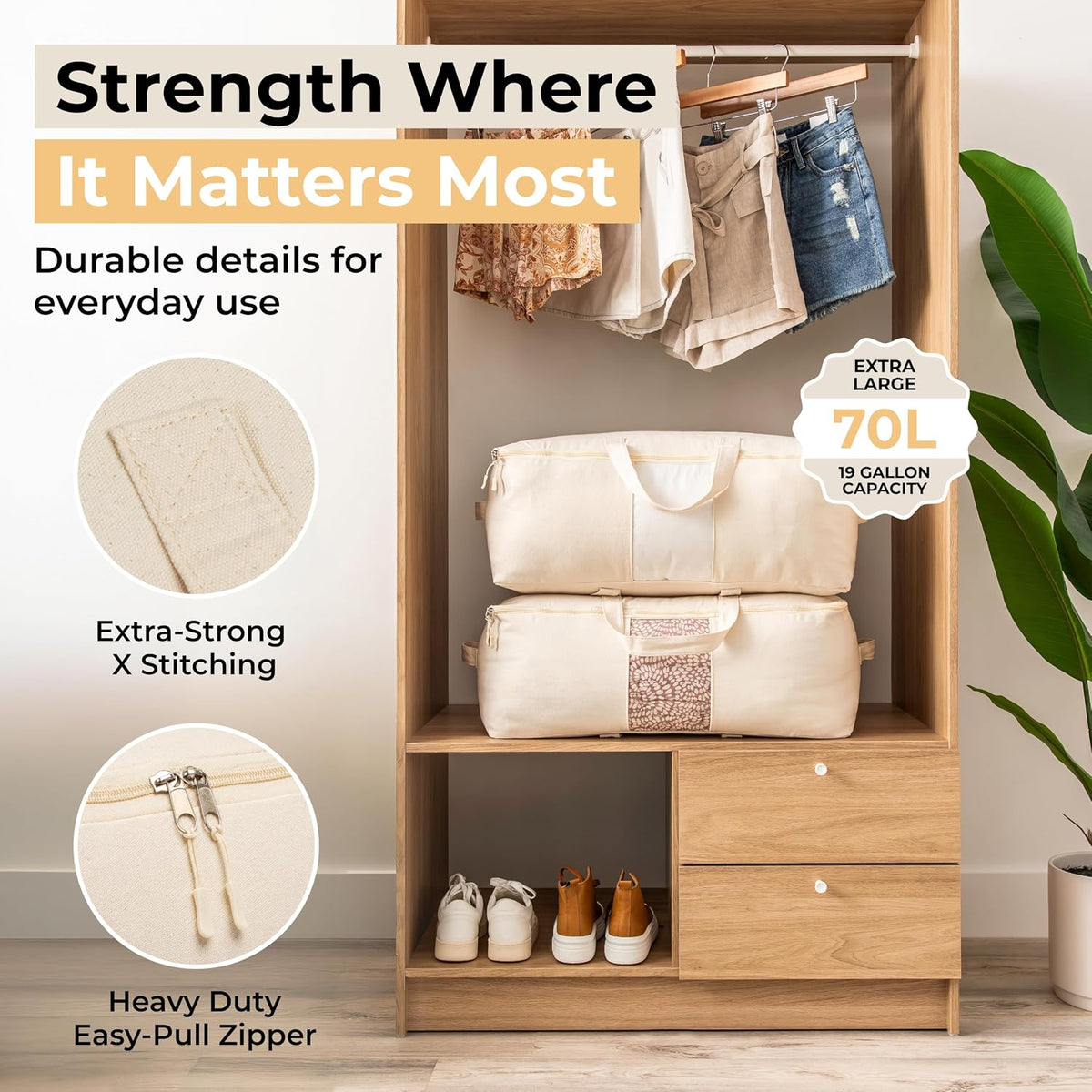 Soft Canvas Storage Bags with Zipper. Thick Breathable, 2pc King/Queen Comforter Organizer. Four Carrying Handles and Window. Large 25x19x9in Bag for Sheets Blankets Bedding Pillows, Clothes