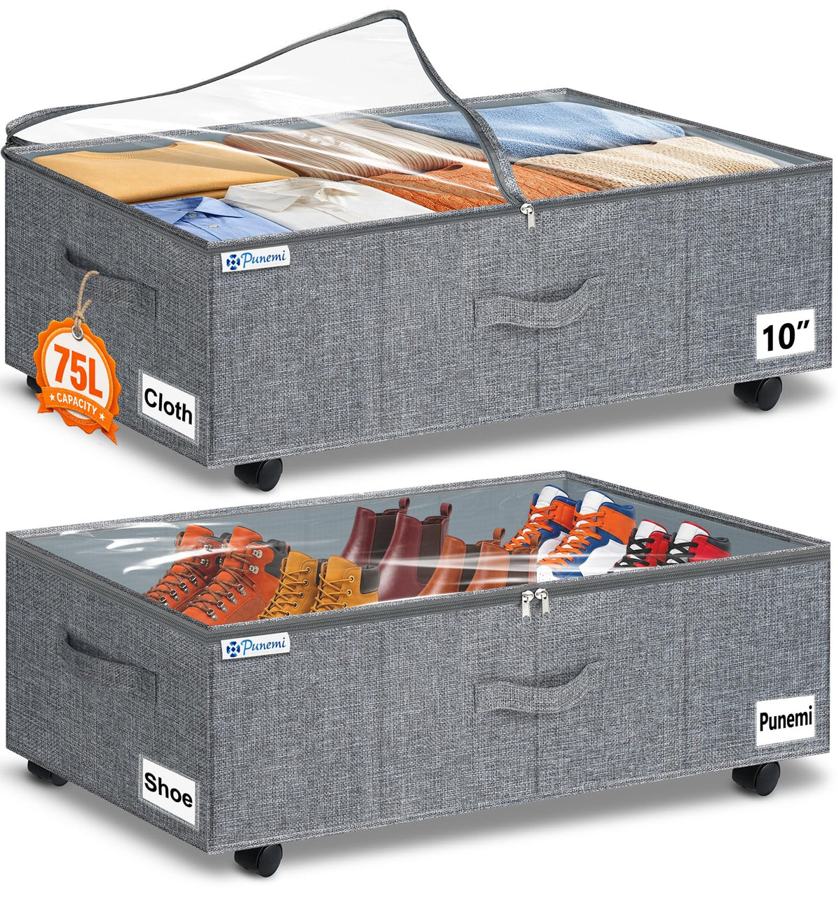 punemi 6.7 in Tall Sturdy Under Bed Storage Containers with Lid, 2Pack,Gray